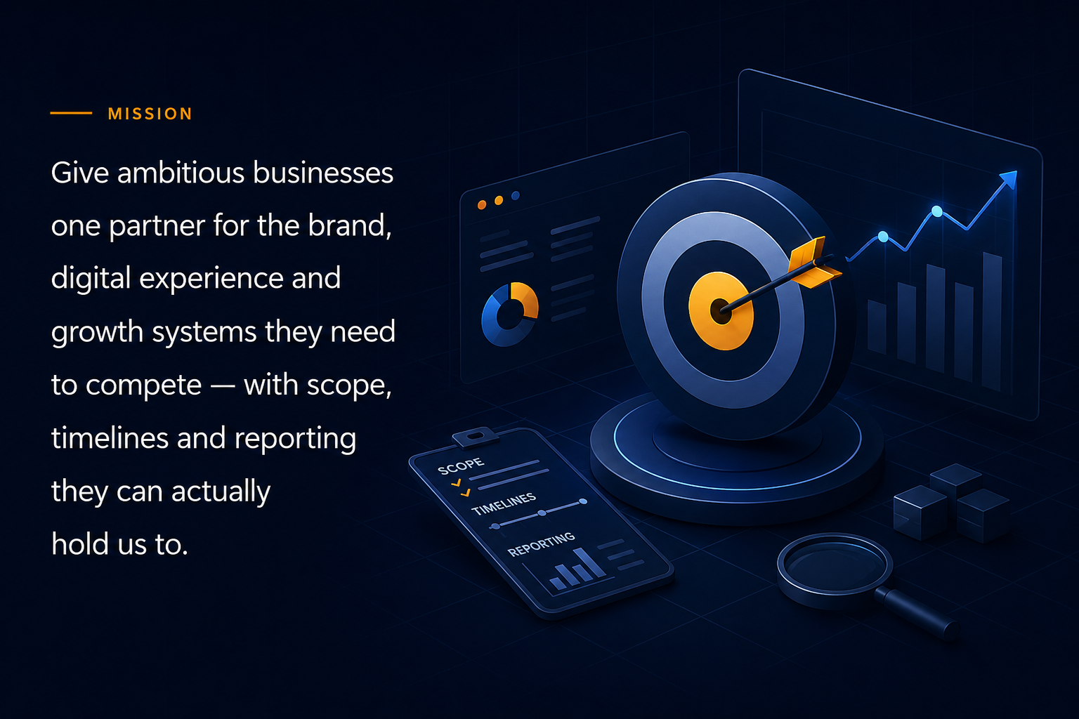 Mission: give ambitious businesses one partner for the brand, digital experience and growth systems they need to compete — with scope, timelines and reporting they can actually hold us to.